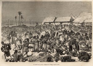 Velmi animovaný pochod poblíž řeky Kongo, sdružující více než tři tisíce lidí, vyleptaný podle kresby D.Vierge, ilustrující poslední deník Davida Livingstonea (1813-1873), v letech 1866-1873, publikovaný v „Le tour du monde“ 1875, upravil Edouar od Daniel Urrabieta Vierge