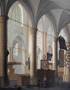 Interiér Grote Kerk v Dordrechtu, s postavami konverzujícími a hrajícími si dětmi