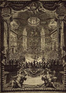 Velký svátek H.R.H. princezna Oranžská, slavená v prosinci 1686 v Salon du Bois v Haagu, na počest narozenin prince Oranžského (rytina)