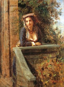 Mladá dívka u okna nebo mladá žena na balkóně, Daniele Ranzoni (1843-1889), olej na papíře připevněné na dřevě, 44x33 cm