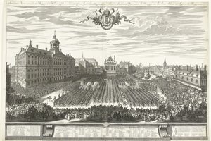 Ozbrojenci na náměstí Dam během amsterdamského veletrhu, 1686 Amsterdam Fair ukazuje Burgery in the Weapons, sig Prezentace aaen de Groot Agtb: Heeren Burgermeesteren (název na objektu) Foire d