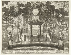 Ohňostroj na Hofvijveru na oslavu vítězství ve Vigu, 1702 Vyobrazení ohňových děl Her Hoog Moogde Heeren Staten General der Vereenigde Neederlanden vysvěcená pro použití Heerlicke úspěchů jiných zbraní kromě
