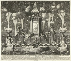 Ohňostroj na oslavě smlouvy z Utrechtu, 1713 Obrázek divadla se synovými ozdobami a ohňostrojem constigh, postavený ordere van Haar Ed. Groot Mog: Heeren Staten van Holland a West Vriesland (...) v Haagu, ve vyver ( od Daniël Stopendaal