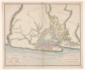 Část mapy Surinamu Obecná mapa kolonie Surinam, zobrazující především současné budovy této kolonie od Daniël Veelwaard (I)