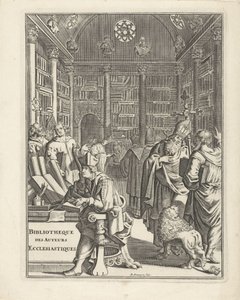 Interiér knihovny s duchovenstvem Titulní strana pro: Bibliotheque des Authors Ecclesiastiques, bez roku od Daniël met de Penningen