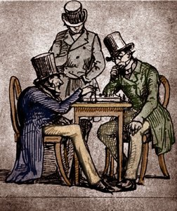 Soren Kierkegaard hraje šachy (pero a inkoust s mytím na papíře)