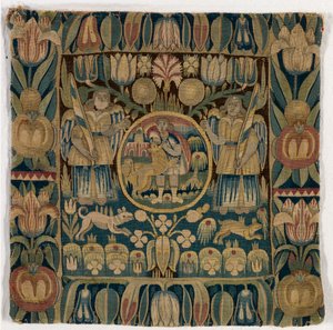 Gobelínový povlak na polštář zobrazující Samsona zabíjejícího lva, vyrobený v Šlesvicku-Holštýnsku, Dánsko, kolem roku 1615 (vlna) od Danish School