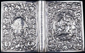 Horní a spodní obálka knihy s listy a obrazem Milosrdného Samaritána, 1740 od Danish School