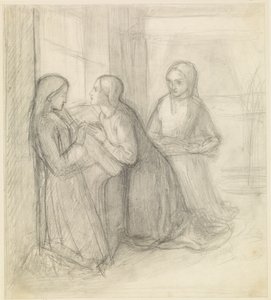 (Možná) Svatá Alžběta Uherská klečící se svými společnicemi Isentrudis a Gutou od Dante Gabriel Charles Rossetti