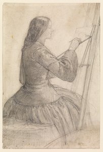 Elizabeth Siddal sedící u stojanu, obraz, 1854-55 circa od Dante Gabriel Charles Rossetti
