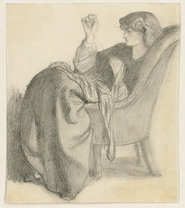 Lachesis: Studie Jane Morrisové sedící v šití židlí, 60. léta 19. století od Dante Gabriel Charles Rossetti