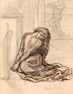 Sestra Helen, kolem roku 1870 (grafit a hnědý inkoust na papíře připevněné na desce) od Dante Gabriel Charles Rossetti
