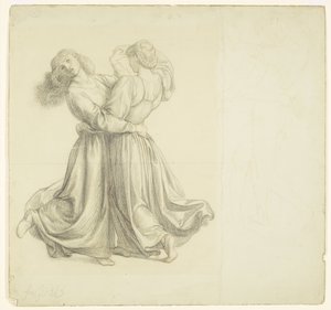 The Bower Meadow - Studie drapérie pro dvě tančící dívky od Dante Gabriel Rossetti