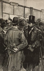 Bankovní přepážky během skandálu Roman Bank (Banca Romana), Řím, Itálie, rytina po kresbě Dante Paolocci, z L