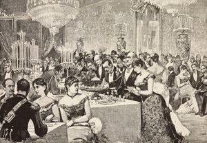 Bufetová místnost, Soudní ples v Quirinale, Řím, Itálie, rytina z kresby Dante Paolocci, z L