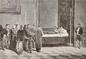 Tělo kardinála Giacoma Antonelliho ležící ve stavu v jedné z místností ve Vatikánu, rytina z kresby Dante Paolocci z L