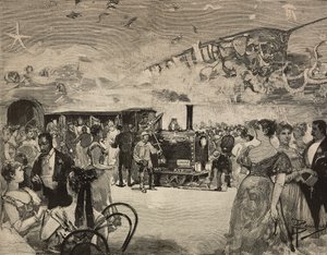 Karnevalový večírek v Mezinárodním uměleckém klubu (Circolo Artistico) v Římě, Itálie, rytina podle kresby Dante Paolocci, z L
