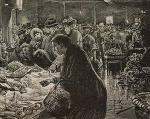 Vánoční trh v Římě, Itálie, rytina podle kresby Dante Paolocci, z L