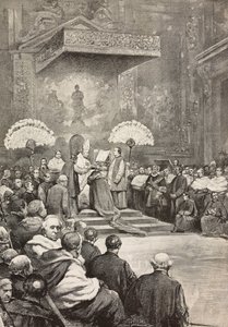 Konzistoř 13. listopadu, papež Lev XIII., kde vytvořil nové kardinály, Vatikán, rytina z kresby Dante Paolocci, z L