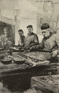 Počítání mincí v mincovně v Římě, Itálie, rytina po kresbě Dante Paolocci, z L