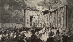 Požár izraelských škol z roku 1893, Řím, Itálie, rytina podle kresby Dante Paolocci, z L