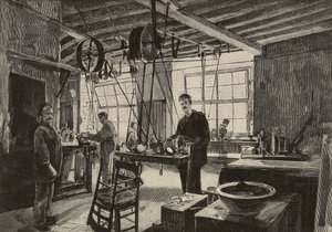 Mechanická dílna v mincovně v Římě, Itálie, rytina podle kresby Dante Paolocci, z L
