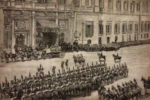 Otevření parlamentu, příjezd krále Umberta I. do Montecitoria, Řím, Itálie, rytina z kresby Dante Paolocci, L