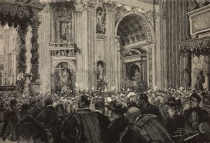 Papežské požehnání u příležitosti biskupského jubilea Lva XIII, bazilika svatého Petra, Vatikán, rytina podle kresby Dante Paolocci, z L