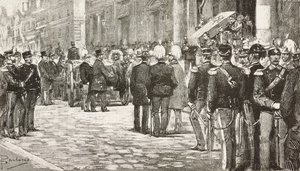 Politici a důstojníci se účastní pohřebního průvodu Luigiho Mezzacapa (1814-1885), italského politika a důstojníka, Řím, Itálie, rytina z kresby Dante Paolocci, z L