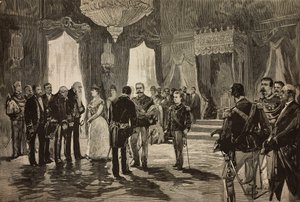 Neapolský princ, Alfonso Maria Giuseppe Alberto z Bourbonu-Dvě Sicílie v uniformě podporučíka, na novoroční recepci v Quirinal, Itálie, rytina z kresby Dante Paolocci, z L