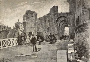 Veřejný chodník (Summa Nova Via) v Palazzo dei Cesari, Řím, Itálie, rytina z kresby Dante Paolocci, z L