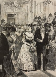 Královna Margherita Savojská na večírku Artistic Club (Circolo Artistico) v Římě, doprovázená sochařem Giulio Monteverde, Itálie, rytina po kresbě Dante Paolocci, z L