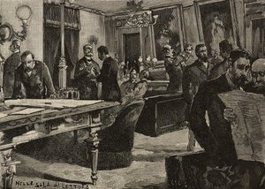 Čítárna v Palazzo Montecitorio, Řím, Itálie, rytina podle kresby Dante Paolocci, z L