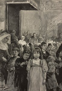 Přijetí dětí na jubilejních oslavách papeže Lva XIII., Vatikán, rytina po kresbě Dante Paolocci, z L