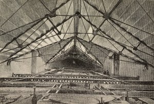 Střecha a kovový krov podpírající strop, nové rameno archbaziliky svatého Jana v Lateránu, Řím, Itálie, kresba Dante Paolocci, rytina z L