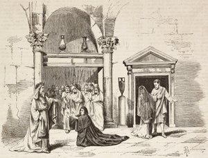 Kabinet nejvyššího pontifika v paláci, Postumia prosící Fabio Massimo, Rome Vaincue od Alexandra Parodiho, dějství V, rytina Dante Paolocci ze skic od Zandomenica z L