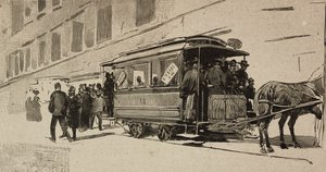 Tramvaj nasměrovaná na svatého Petra u příležitosti biskupského jubilea Lva XIII, Řím, Itálie, rytina podle kresby Dante Paolocci, z L