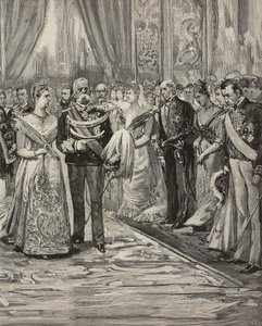 Umberto I a Margherita Savojská na koncertě u příležitosti jejich stříbrné svatby, Palazzo del Quirinale, Řím, Itálie, rytina podle kresby Dante Paolocci, z L