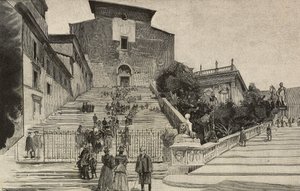Pohled na baziliku Santa Maria v Aracoeli, Řím, Itálie, rytina po kresbě Dante Paolocci, z L