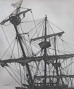 Přízračný galeon, 2017 (tužka, tuš na papíře) od Darrell Windjack