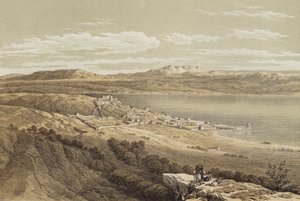 Tiberias při pohledu na Hermon (barva litho) od David (after) Roberts