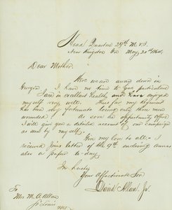 Dopis podepsaný Davidem Allanem, Jr., Head Quarters 29th M.V.I., poblíž Kingston, Georgia, jeho matce paní M. A. Allan, St. Louis, Mo., 20. května 1864 od David Allan