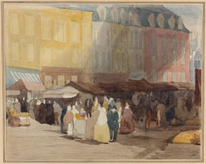 Francouzská tržní scéna, pravděpodobně Boulogne od David Cox the elder