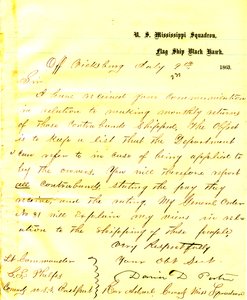Dopis Davida D. Portera, U. S. S. Black Hawka, z Vicksburgu, Sethovi Ledyardovi Phelpsovi, velící americkému Eastportu, 9. července 1863 od David D. Porter