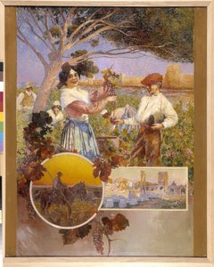 Aigues Mortes (Aigues-Mortes), Arles, Camargue: mladá žena ukazuje krásný hrozen, který právě nasbírala z vinice. David Dellepiane (1866-1932), pointilismus. Povinná zmínka: Fondace sbírky s pozdravem de Provence, Marseille (cm 1