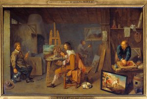 Malířská dílna s pózujícím modelem a bruskou barev. Obraz Davida III. Ryckaerta (1612-1661), Ec. Podvod