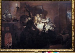 Alchymista ve svém ateliéru. Obraz Davida Ryckaerta III (Rijckaert) (1612 - 1661) Ec. Podvod.