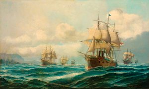Eskadra viceadmirála Phippse Hornbyho proplouvající Dardanelami na cestě do Konstantinopole, únor 1878