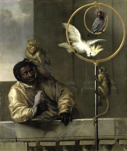 Černý muž s papoušky a opicemi, 1670