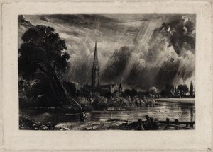Katedrála v Salisbury, kolem roku 1832 (mezzotinta s bílou křídou na papíře) od David Lucas